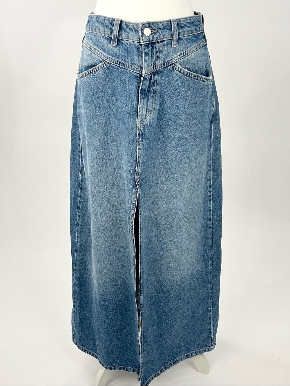 Free People Come As You Are Denim Maxi Skirt Sapphire Blue With Slit 4